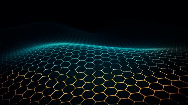 Abstract background with animation of waving surface from blinking hexagons. Technologic electricity backdrop. Seamless loop.