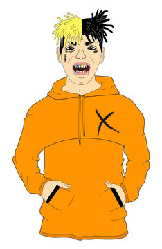 Man with tattoos in his face, decorated teeth colors and dreadlocks. Trap rapper, bad boy with hands in the pockets of the sweatshirt. Vector image.