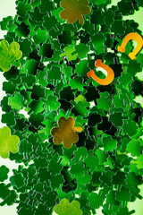 St Patricks Day Symbols such as shamrocks, horseshoes, leprechauns, coins and hats