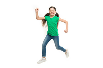 How raise active kid. Free and full of energy. Rules to keep kids active. Girl cute child with long hair feeling awesome active. Leisure and activity. Active game for children. Kid captured in motion