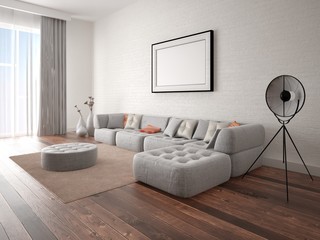 Mock up a stylish living room with a large corner sofa and a fashionable light background.