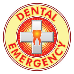 Dental Emergency With Cross  is an illustration of a tooth with vibrant radiating colors representing pain and the need for urgent care inside of a white cross. Great for dentists.