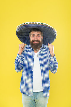 His Giant Sombrero Is Perfect. Traditional Fashion Accessory For Costume Party. Mexican Man Wearing Sombrero. Bearded Man In Mexican Hat. Hipster In Wide Brim Hat. He Is In Love With Mexican Style