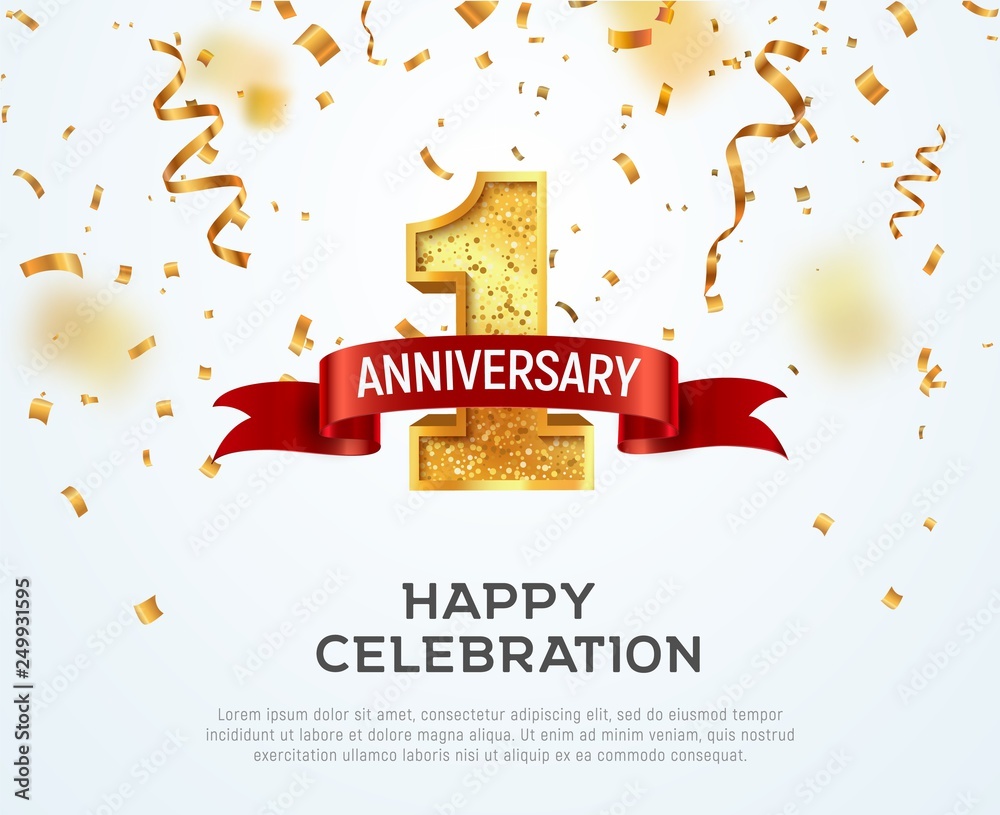Wall mural 1 year anniversary vector banner template. first jubilee with red ribbon and confetti on white backg