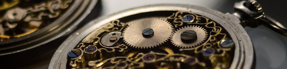 Skeleton of vintage handmade antique mechanical pocket watches, clockwork old mechanical watch,...