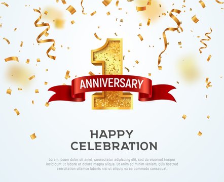 1 year anniversary vector banner template. First jubilee with red ribbon and confetti on white background