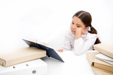 Boring task homework. Get rid of boring task. Girl bored pupil sit at desk with folders and books. Issues of formal education. Back to school concept. Kid cute tired of studying. Boring lesson