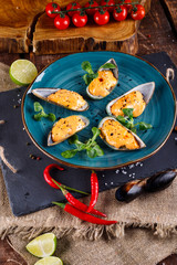 Large blue mussels on a blue plate on a wooden background, near the rope and products