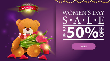 Women's day discount horizontal modern banner with candle, rose petal, button and Teddy bear with a bouquet of tulips