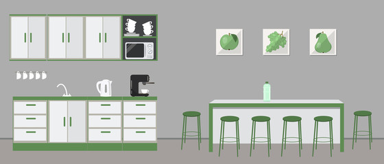 Office kitchen. Dining room in office. There are kitchen cabinets, a table, green chairs, microwave, kettle, cups and coffee machine in the image. There are pictures with green fruits on the wall