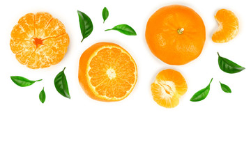 tangerine or mandarin with leaves isolated on white background with copy space for your text. Top view. Flat lay