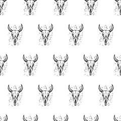 Dotwork Burnt Cow Skull Seamless Pattern