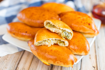 Delicious tasty meat pie with chicken and onion