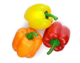 yellow orange and red sweet bell pepper isolated on white background. Top view. Flat lay