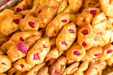 Bakery, biscuits, cookies concept. Delicious tasty homemade food and pastry. Many cookies on basket