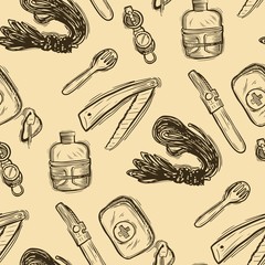 Hiking and trekking travel seamless pattern. Endless repeatable background with cartooning traveling elements about camping, vacation and wild life.