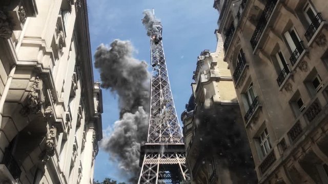 Paris Eiffel tower under attack Powerful Video Compositing simulates real video footage with visual effects elements of Paris Eiffel tower Destroyed after attack with smoke and debris 