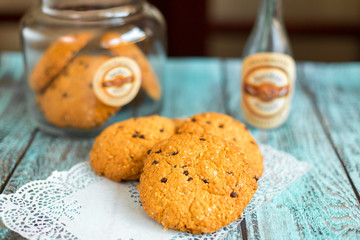 Tasty delicious cookies on wooden background in cafe. Photo for menu