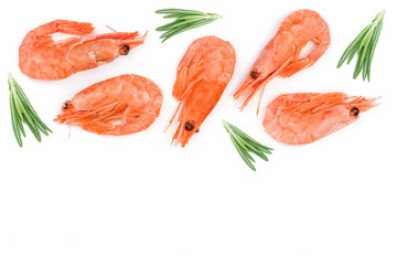 Red cooked prawn or shrimp with rosemary isolated on white background with copy space for your text. Top view. Flat lay