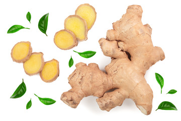 Fototapeta premium fresh Ginger root and slice isolated on white background. Top view. Flat lay