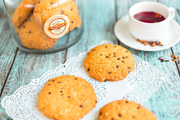 Tasty delicious cookies on wooden background in cafe. Photo for menu