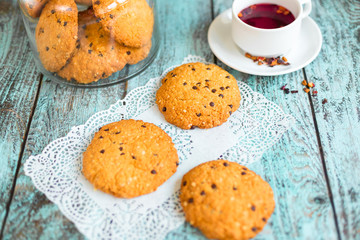 Tasty delicious cookies on wooden background in cafe. Photo for menu