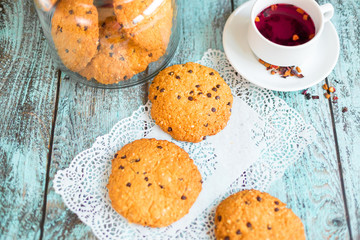 Tasty delicious cookies on wooden background in cafe. Photo for menu