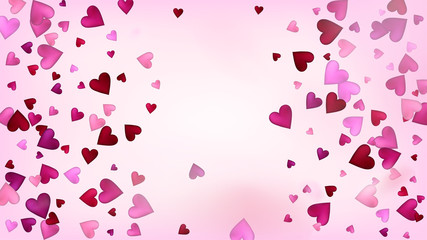 Realistic Hearts Vector Confetti. Valentines Day Tender Pattern. Elegant Gift, Birthday Card, Poster Background Valentines Day Decoration with Falling Down Hearts Confetti. Beautiful Pink Frame