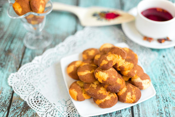 Tasty delicious cookies on wooden background in cafe. Photo for menu