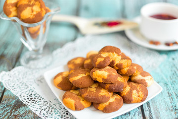 Tasty delicious cookies on wooden background in cafe. Photo for menu