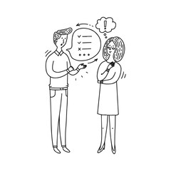 People talking and thinking. Doodle elements.