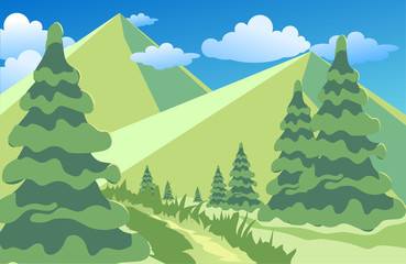 Spring or summer landscape with green meadows, clouds, trees, river and blue sky. Vector cartoon image of nature.