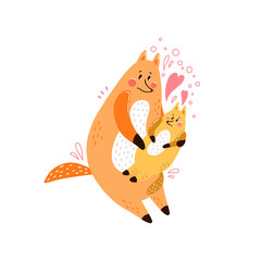 Cute postcard happy family with a picture of a fox