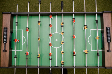 Vintage foosball table game. view from top.