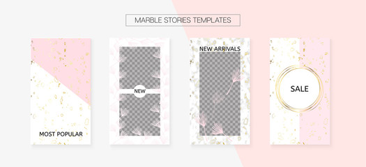 Stories Template Cool SMM Vector Layout. Social Media Blogger Cards Set. Textured Apps Design Pack. Minimal App Kit, Pink White Gold Rich VIP Geometric Marble Patterns. Stories Template VIP Layout.