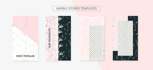 Naklejka premium Stories Template Cool SMM Vector Layout. Social Media Blogger Cards Set. Textured Apps Design Pack. Minimal App Kit, Pink White Gold Rich VIP Geometric Marble Patterns. Stories Template VIP Layout.