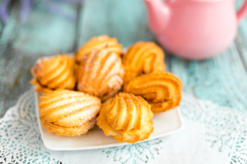 Cookies on wooden table in the kitchen. Food photo, baked, dessert concept