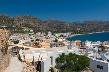 Aerial view on buildings of Palaiochora town, located at south of Crete island, Greece.