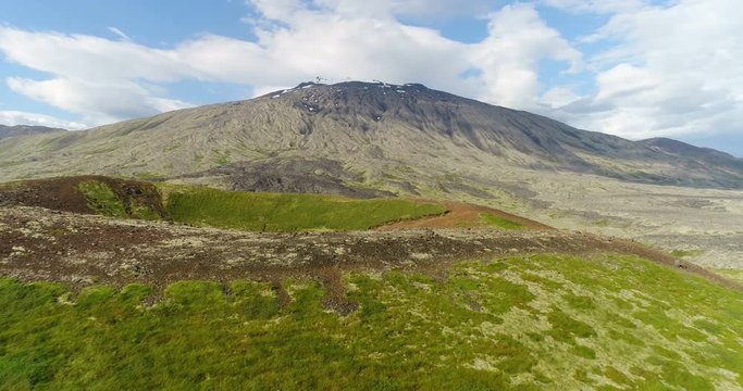 Aerial drone footage of Iceland landscape - West Iceland famous snaefellsjokull volcano mountain on Snaefellsnes peninsula.