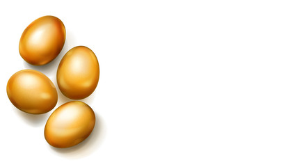 Realistic golden Easter eggs with shadows on white background