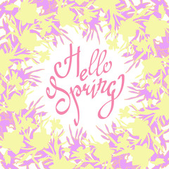 Hello Spring greeting card with floral border with silhouettes of flowers Daffodils on white background and hand drawn calligraphy phrase. Can be used for floral design, invitation card for wedding.