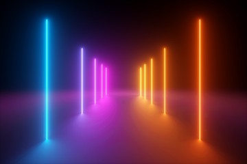 3d render, yellow pink blue neon light, abstract ultraviolet background, vertical glowing lines, psychedelic vibrant colors, show stage, tunnel, corridor, night club interior