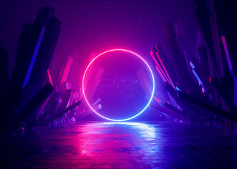 3d render, abstract background, cosmic landscape, round portal, pink blue neon light, virtual reality, energy source, glowing round frame, dark space, ultraviolet spectrum, laser ring, rocks, ground © wacomka
