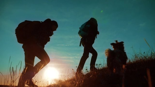 teamwork. Two hikers enjoying sunrise walking from top of a mountain and dog. slow motion video. Two hikers with backpacks climbing a peak on cloud sky background and dog. hikers adventure and the dog
