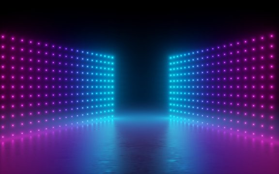 3d Render, Abstract Background, Screen Pixels, Glowing Dots, Neon Lights, Virtual Reality, Ultraviolet Spectrum, Pink Blue Vibrant Colors, Catwalk Fashion Podium, Laser Show, Stage, Isolated On Black