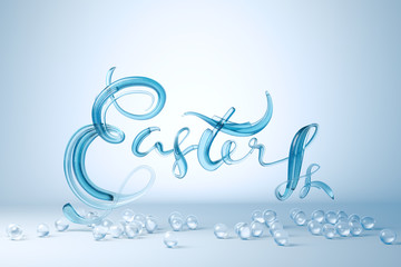 Happy Easter background with glass lettering word decorated by eggs. Invitation realistic 3d illustration greeting card, ad, promotion, poster, flyer, web-banner, article, social media