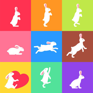 Set rabbit and bunny in different poses in flat style. Rabbit standing, sitting, lying, jumping and hugging logo.