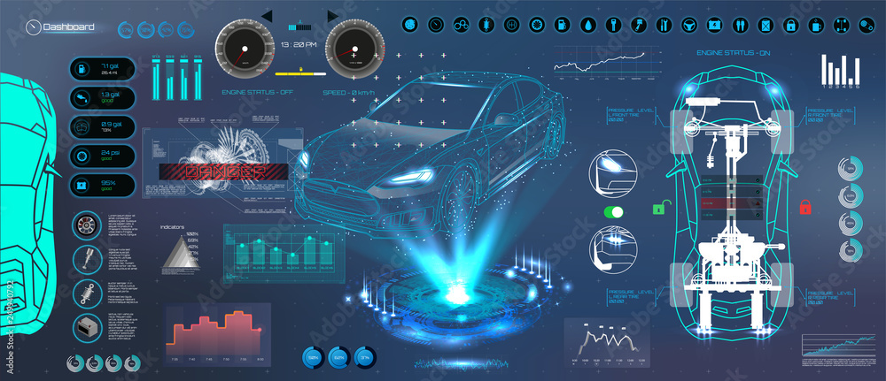 Poster car auto service. hud ui style. modern ui diagnostics of cars( infographic, auto scanning, analysis 