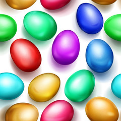 Seamless pattern of realistic colored Easter eggs with shadows on white background