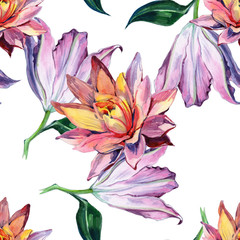 Watercolor beautiful, exotic flower. Flower Lotus Seamless floral background - illustration.